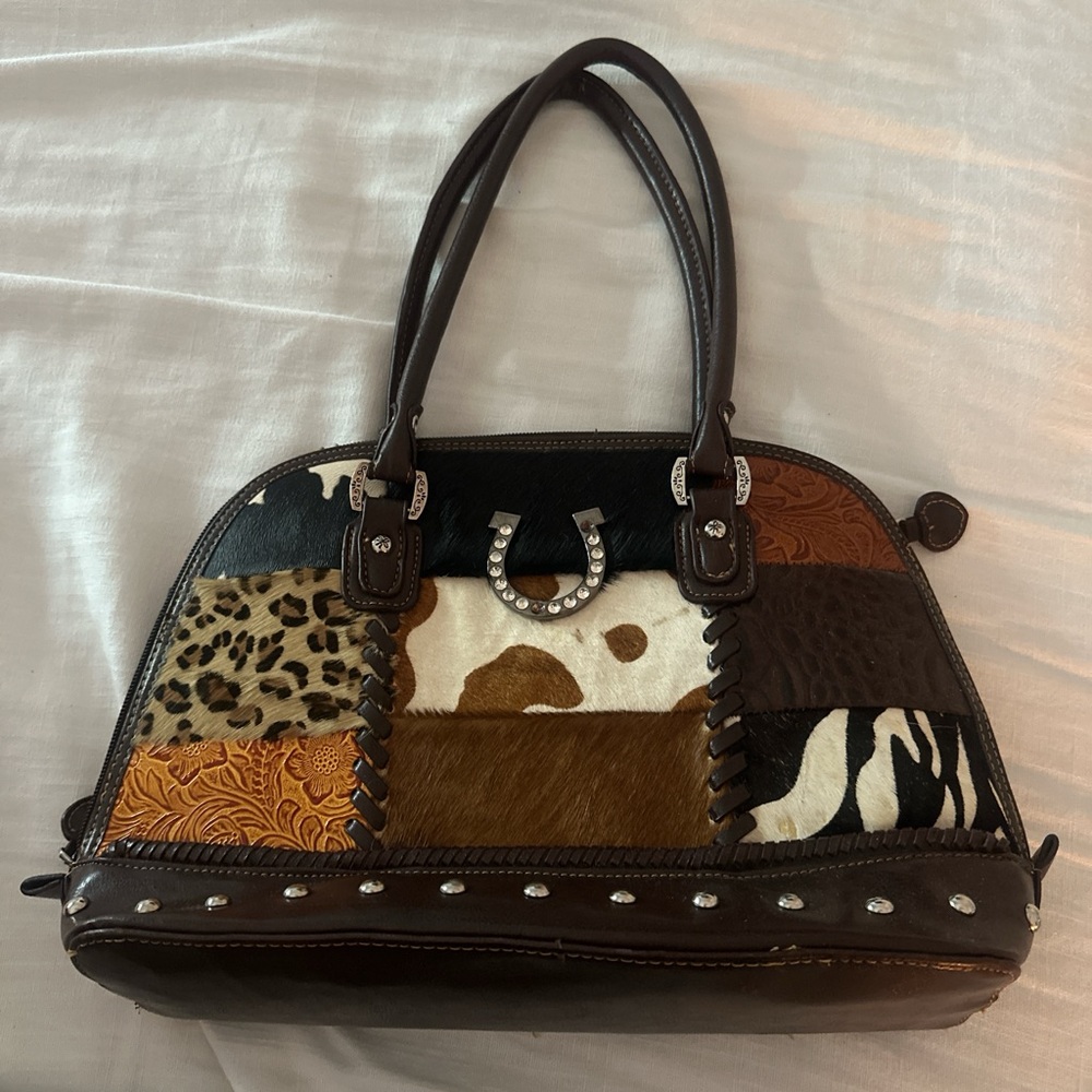 Patchwork Leather Handbag - Brown and Black